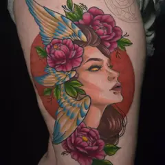 Color portrait tattoo with roses by Izzy Dalton